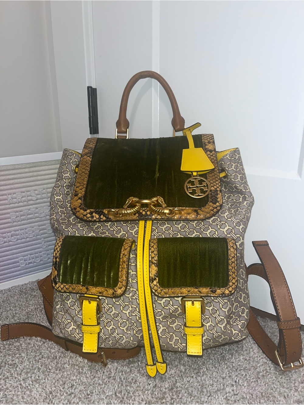 Extremely Rare High End Tory Burch Jessa Backpack w/Velvet Panels, Snake - Picture 3 of 12